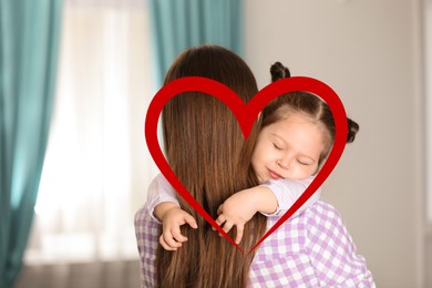 Image of Illustration of red heart and mother with little daughter at home