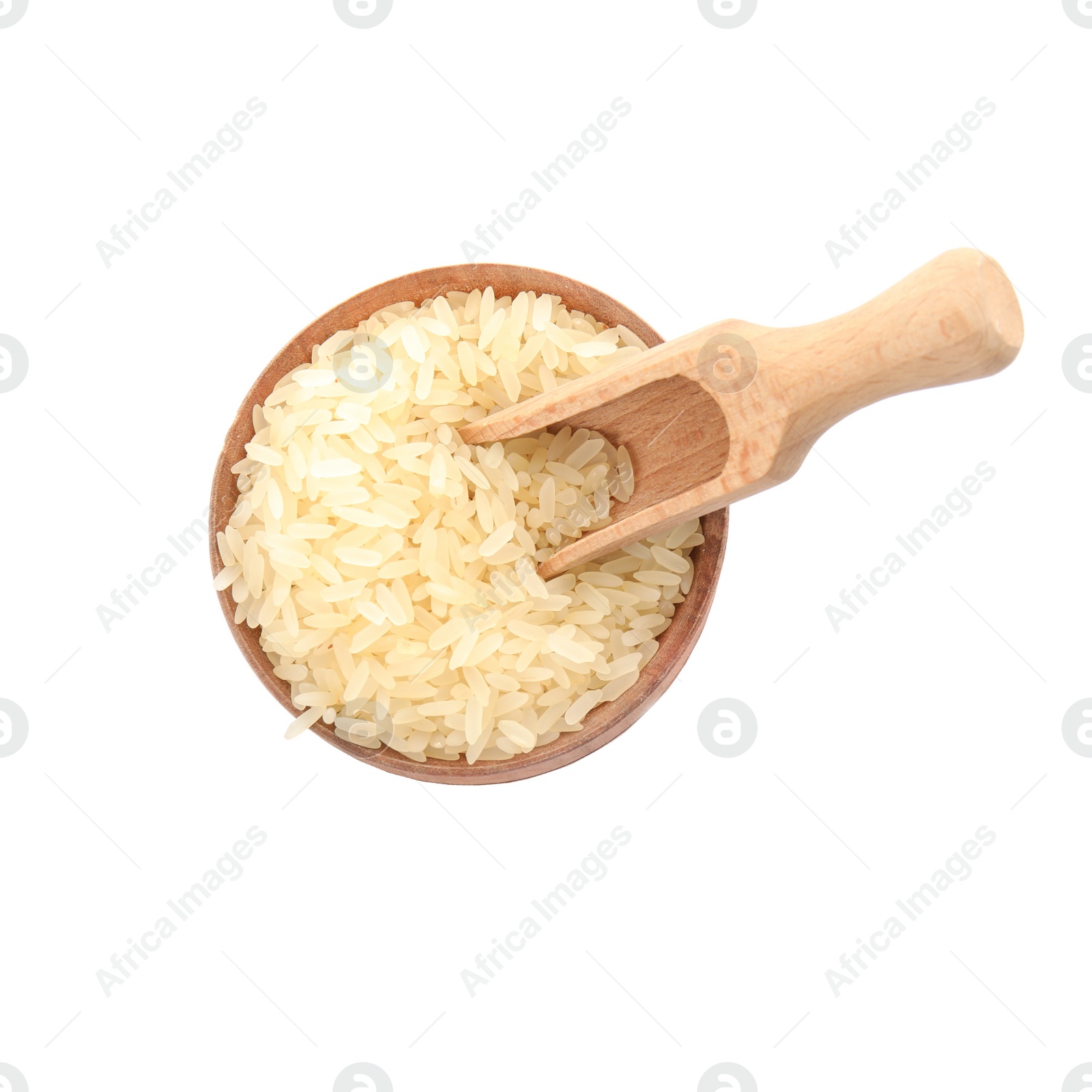 Photo of Bowl and scoop with uncooked rice on white background, top view