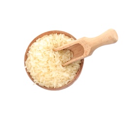 Photo of Bowl and scoop with uncooked rice on white background, top view