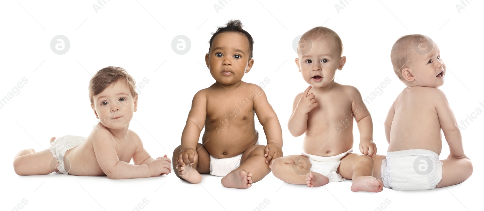 Image of Collage with photos of cute babies in diapers on white background. Banner design