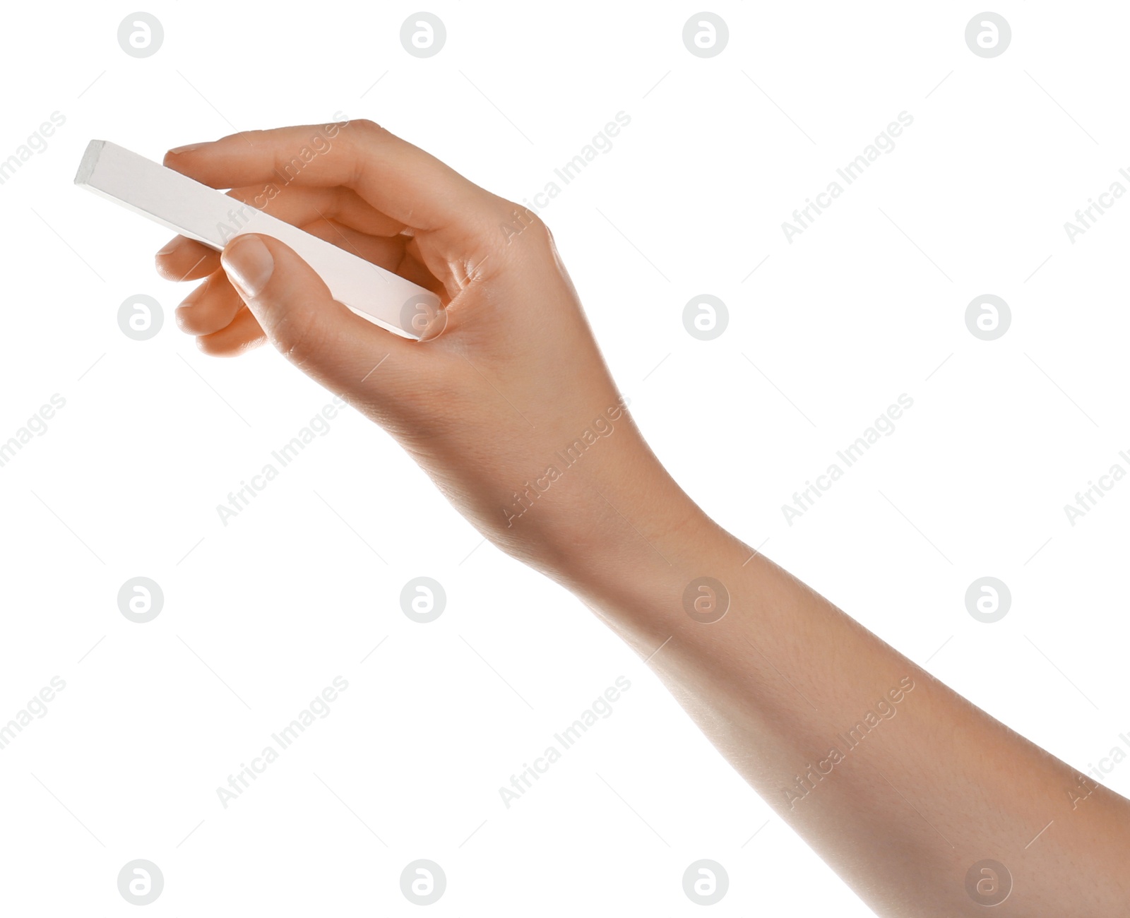 Photo of Woman holding piece of chalk on white background