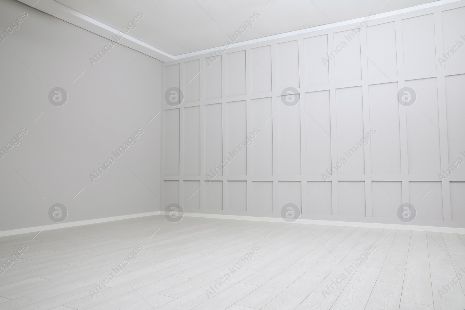 Photo of Empty spacious room with white wooden floor and walls