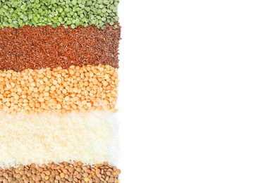 Photo of Different grains and cereals on white background, top view