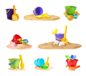 Image of Set of different plastic beach toys on white background 