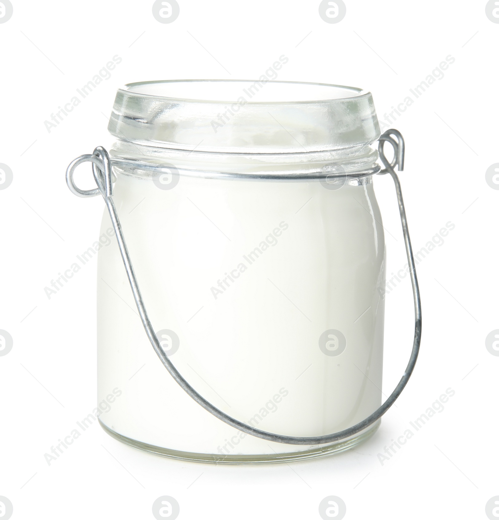 Photo of Glass jar with creamy yogurt on white background