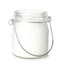 Photo of Glass jar with creamy yogurt on white background