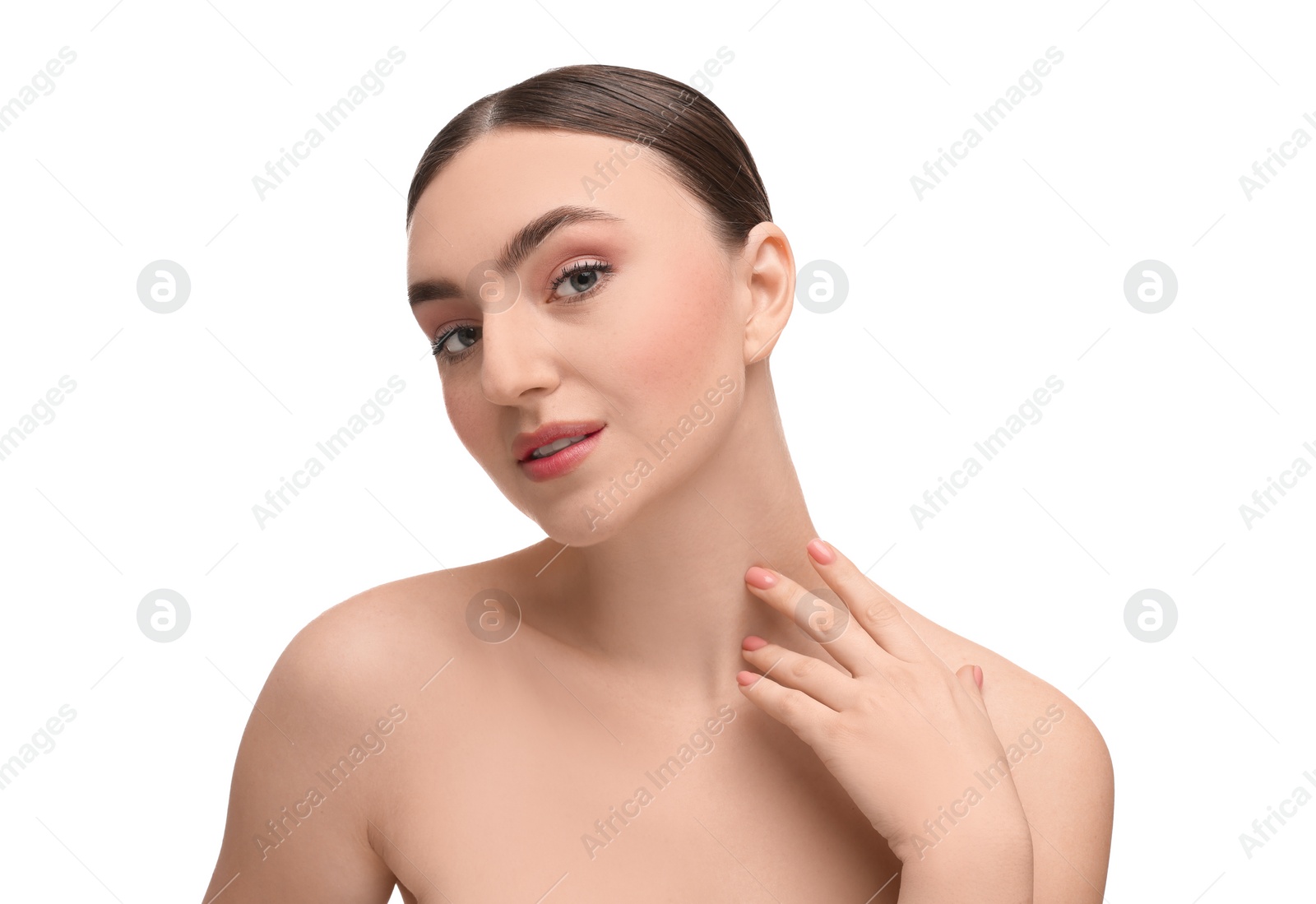 Photo of Beautiful woman touching her neck on white background