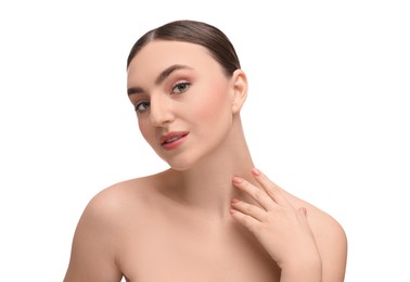 Beautiful woman touching her neck on white background