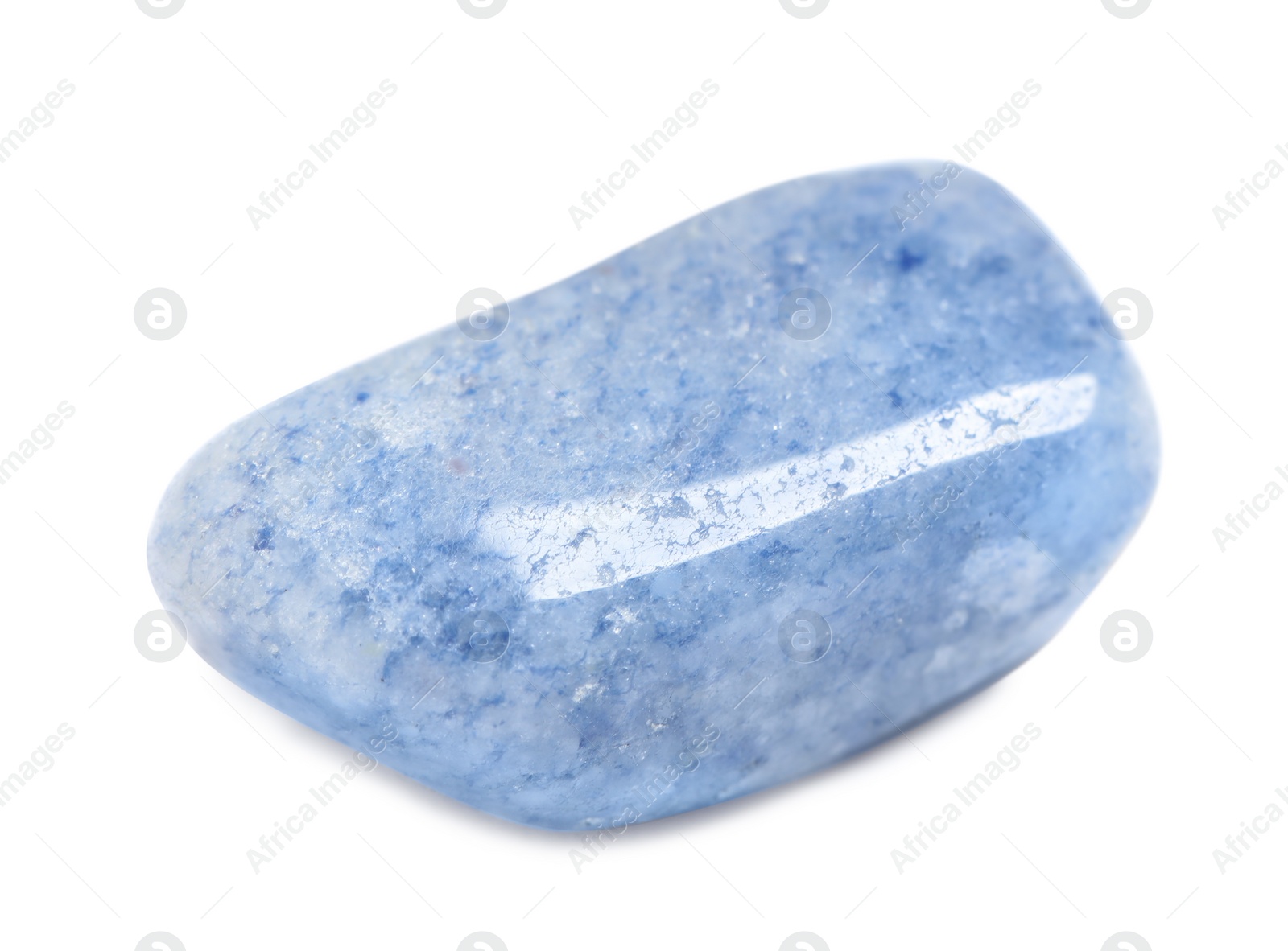 Photo of Beautiful blue quartz gemstone on white background
