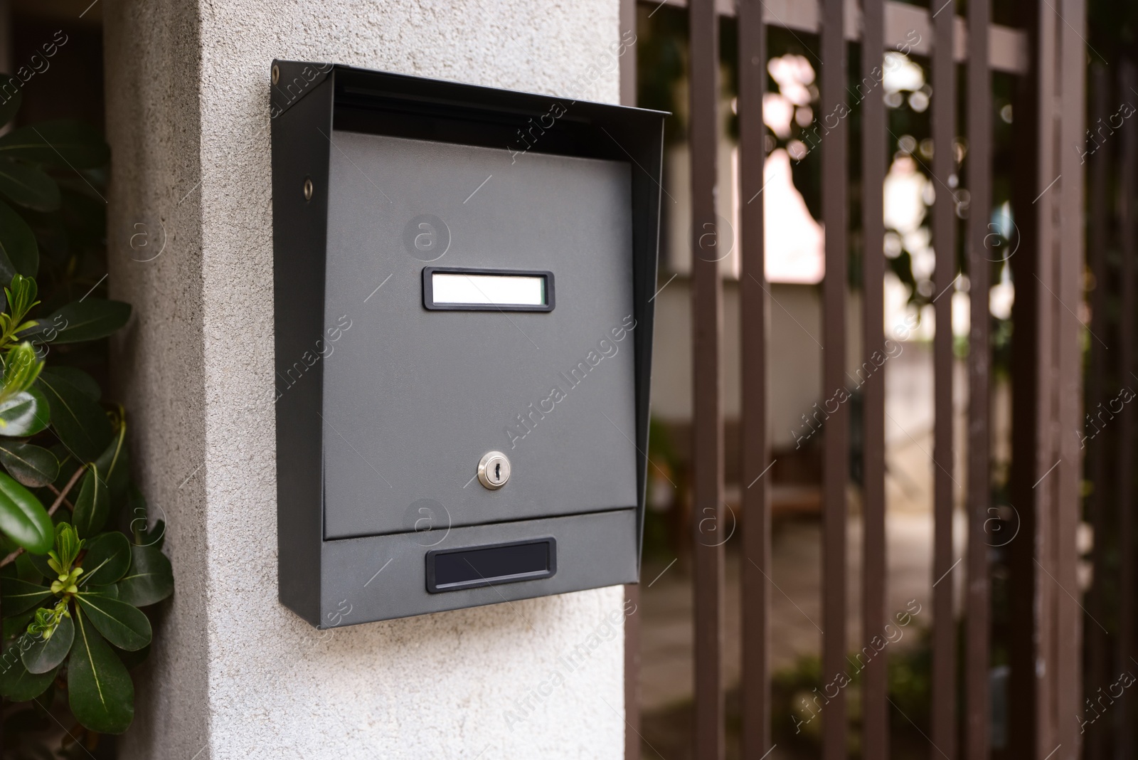 Photo of Black metal mailbox outdoors near entrance on spring day