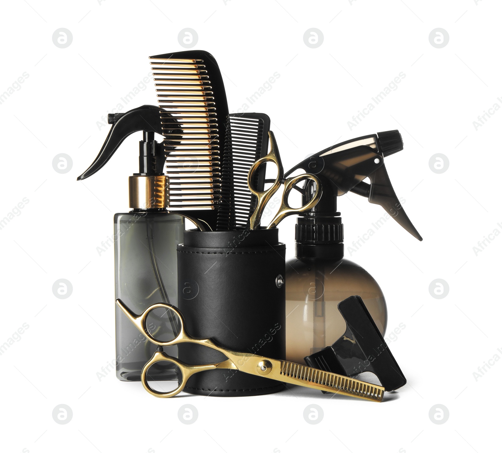 Photo of Set of professional hairdresser tools isolated on white