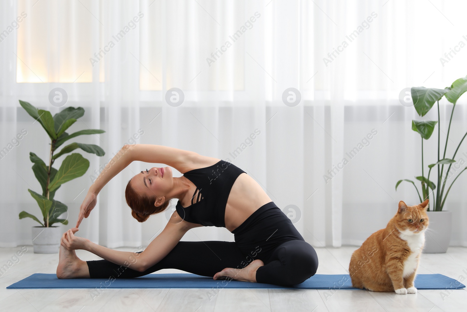 Photo of Beautiful woman with cute red cat practicing yoga on mat at home