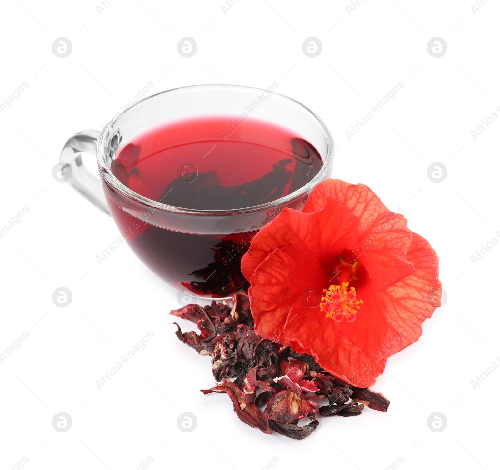 Photo of Delicious hibiscus tea and dry flowers on white background