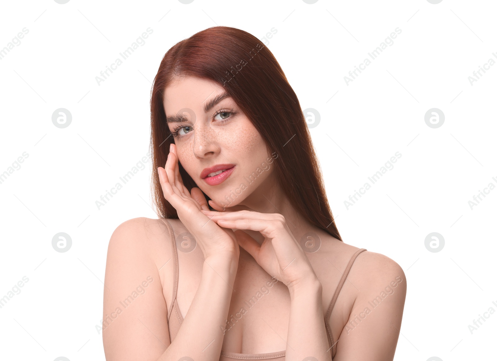 Photo of Portrait of beautiful woman on white background