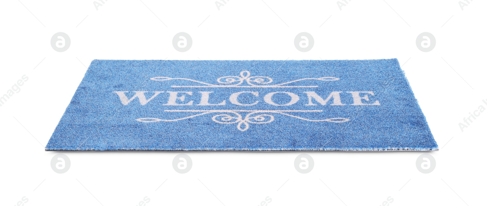 Photo of Blue doormat with word Welcome isolated on white