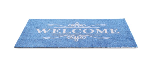 Photo of Blue doormat with word Welcome isolated on white