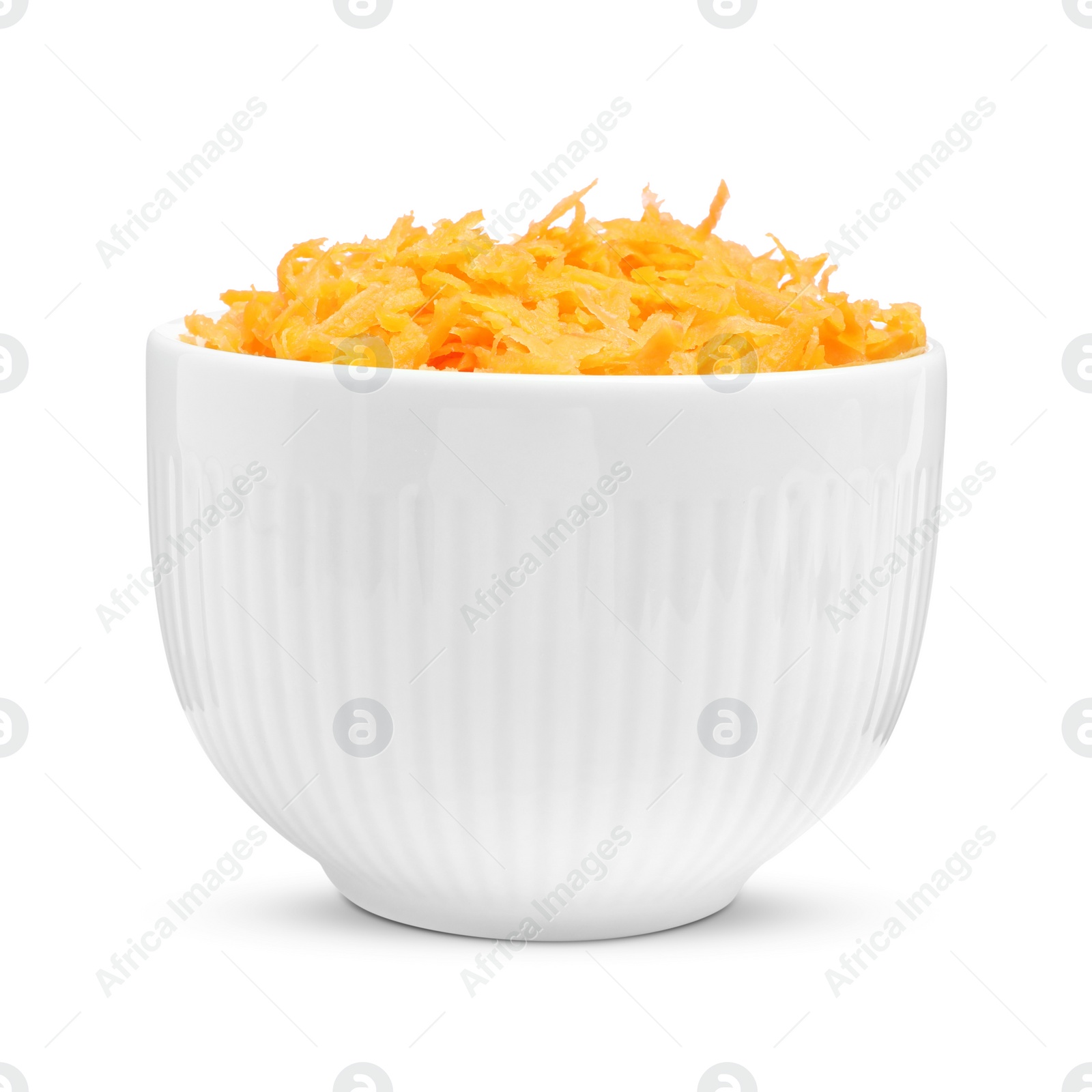 Photo of Fresh grated carrot in bowl isolated on white