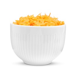 Fresh grated carrot in bowl isolated on white