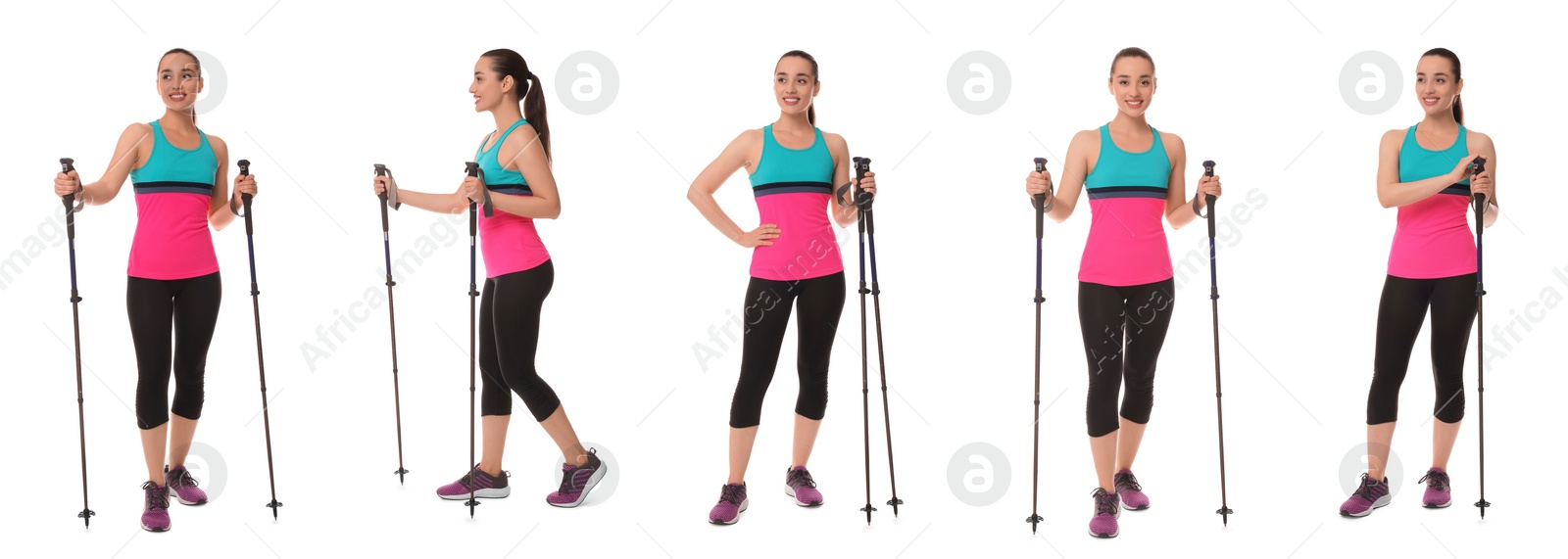 Image of Sporty woman with Nordic walking poles on white background, collage with photos