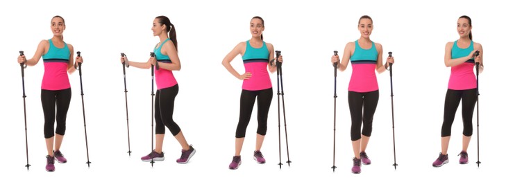 Sporty woman with Nordic walking poles on white background, collage with photos
