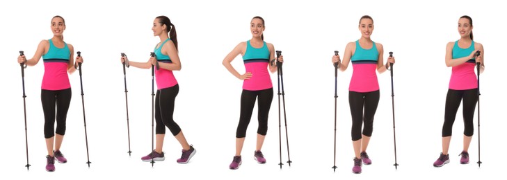 Image of Sporty woman with Nordic walking poles on white background, collage with photos