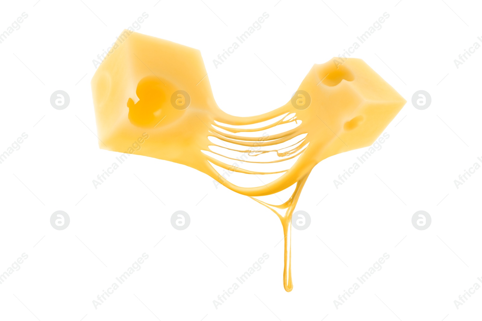 Image of Tasty cheese stretching in air on white background