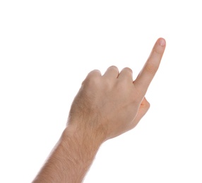 Photo of Man pointing at something on white background, closeup of hand