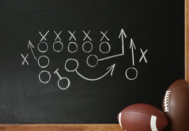 Rugby balls near chalkboard with football game scheme
