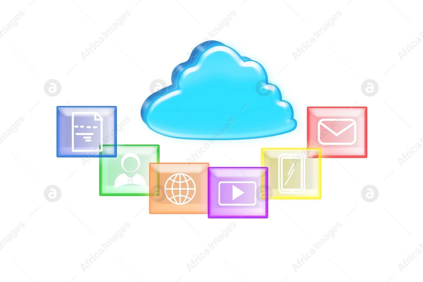 Illustration of  digital cloud with different icons on white background. Modern technology concept 