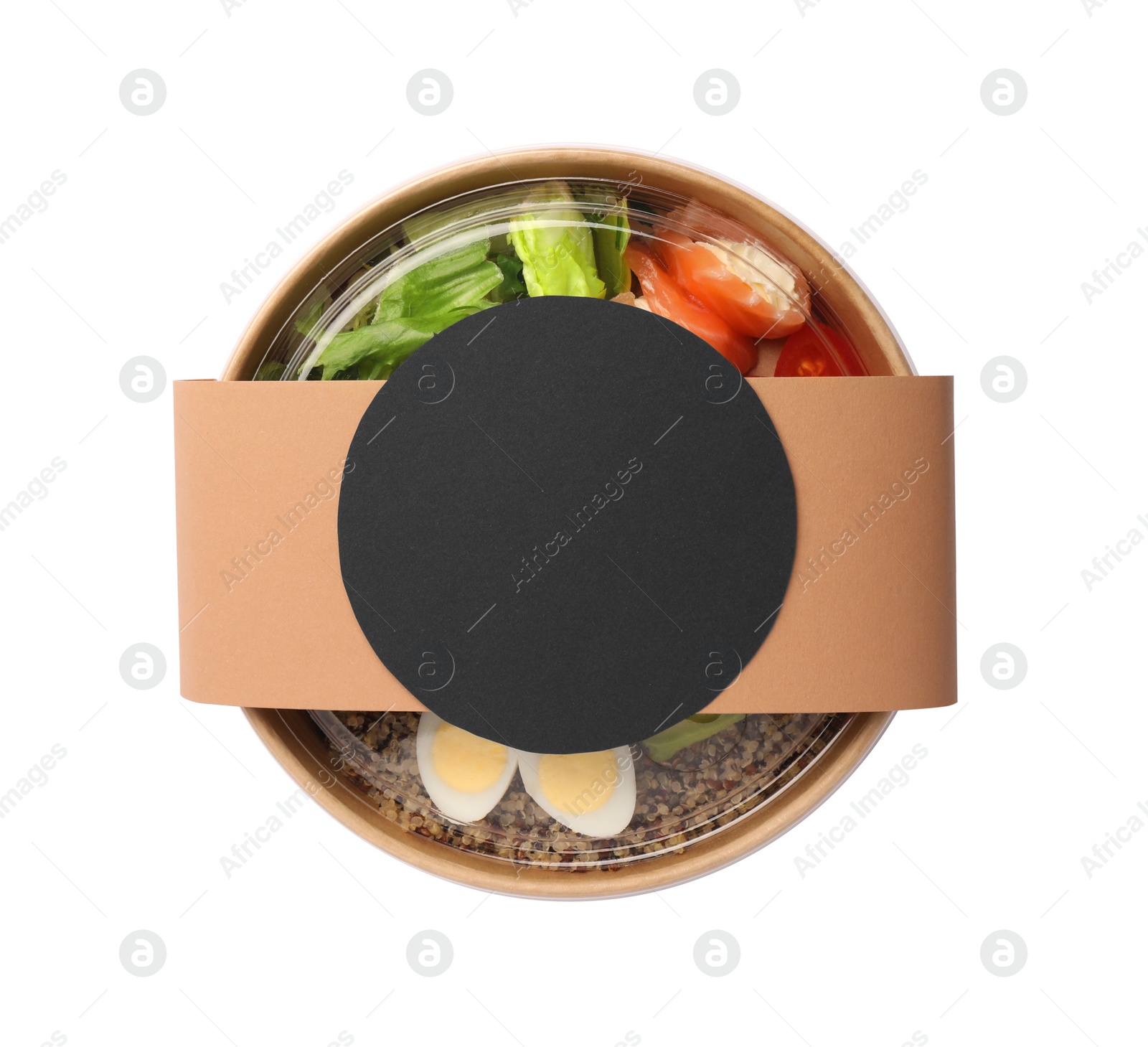 Photo of Tasty food in container isolated on white, top view