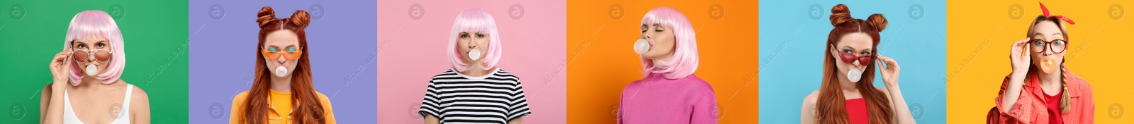 Image of Women blowing bubble gums on color backgrounds, set of photos