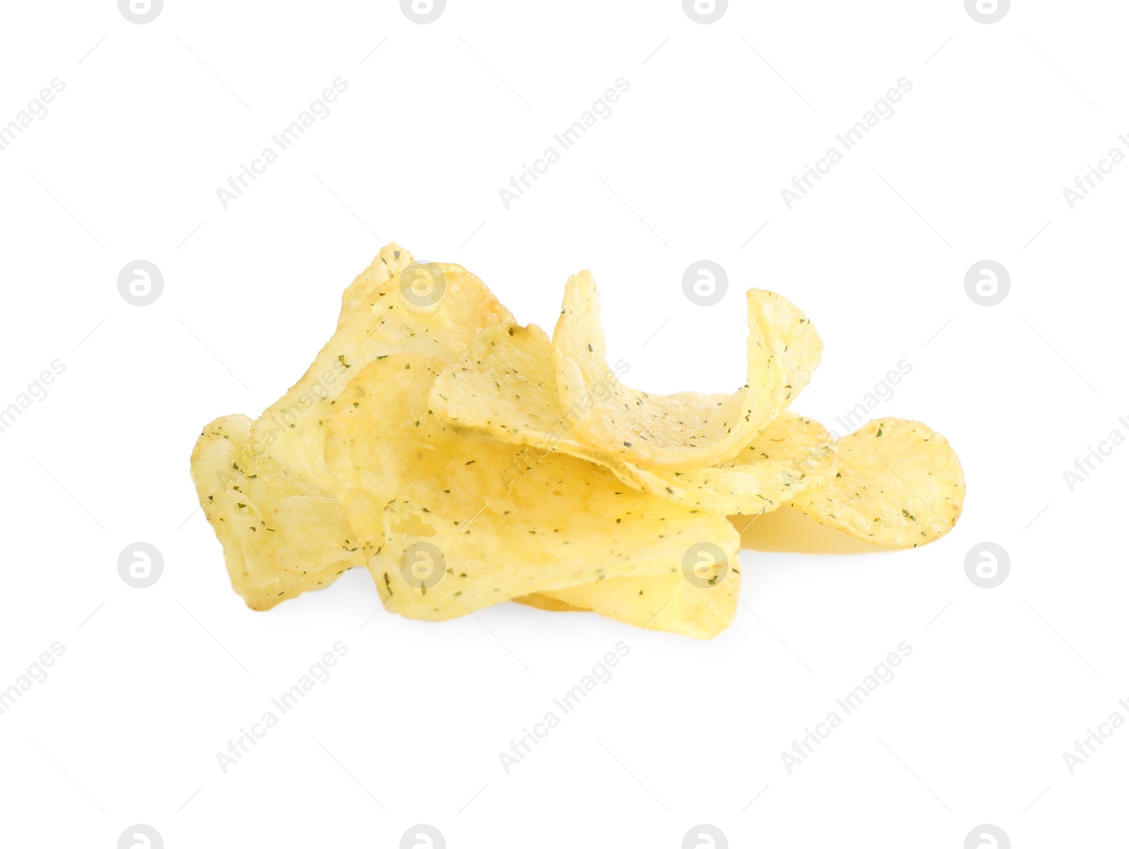 Photo of Tasty crispy potato chips isolated on white
