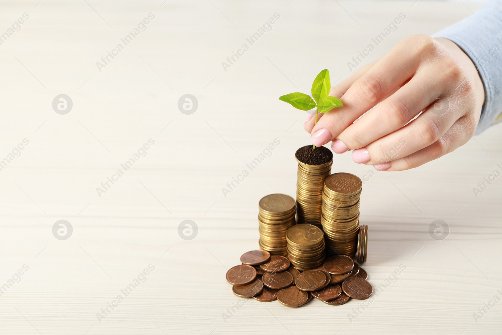 Photo of Woman putting green sprout onto stack of coins at white table, closeup and space for text. Investment concept