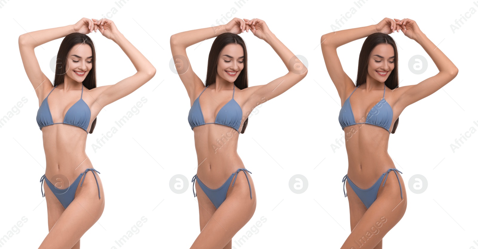 Image of Solarium tan. Woman in bikini with different skin tones on white background, collage