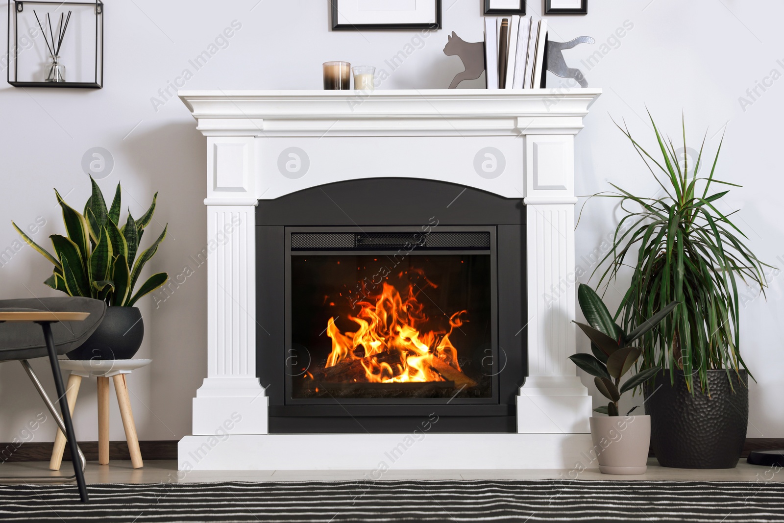 Photo of Stylish living room interior with fireplace, houseplants and side table