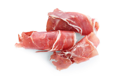 Photo of Tasty prosciutto on white background, top view