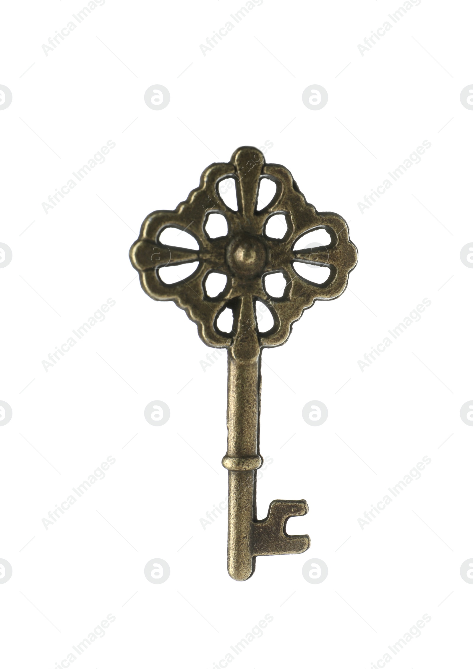 Photo of Bronze vintage ornate key on white background