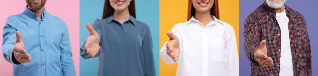 People welcoming on different color backgrounds, closeup. Collage with photos