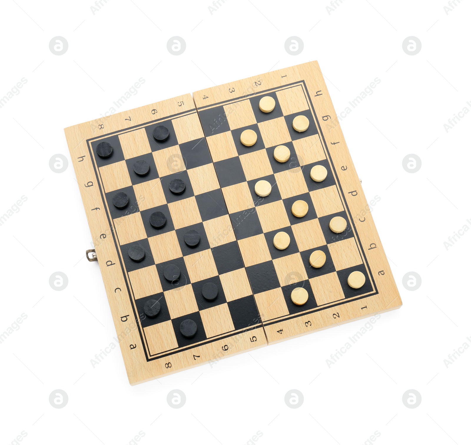 Photo of Wooden checkerboard with game pieces isolated on white, top view