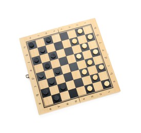 Photo of Wooden checkerboard with game pieces isolated on white, top view