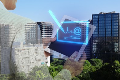 Electronic signature concept. Double exposure of businessman with tablet and cityscape