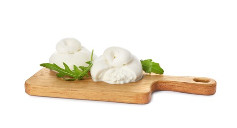 Photo of Delicious burrata cheese with arugula on white background