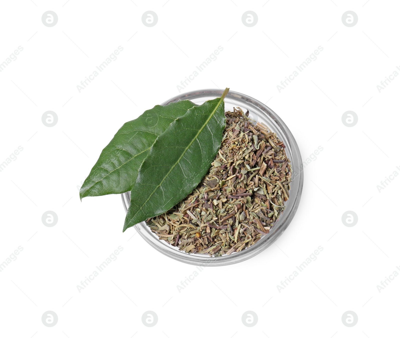 Photo of Bowl with different spices and fresh bay leaves on white background, top view