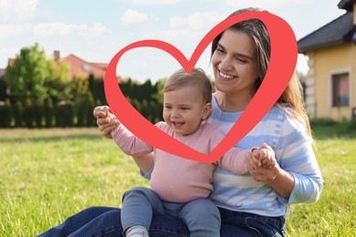 Image of Illustration of red heart and happy mother with her cute baby at backyard on sunny day