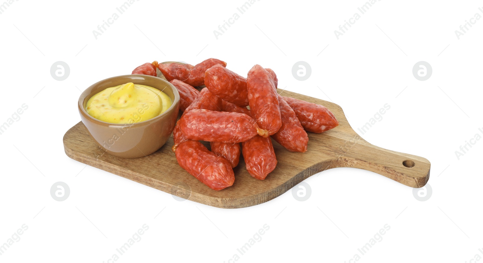 Photo of Many thin dry smoked sausages served with mustard isolated on white