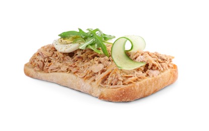 Photo of Delicious sandwich with tuna, boiled egg, cucumber slice and greens on white background