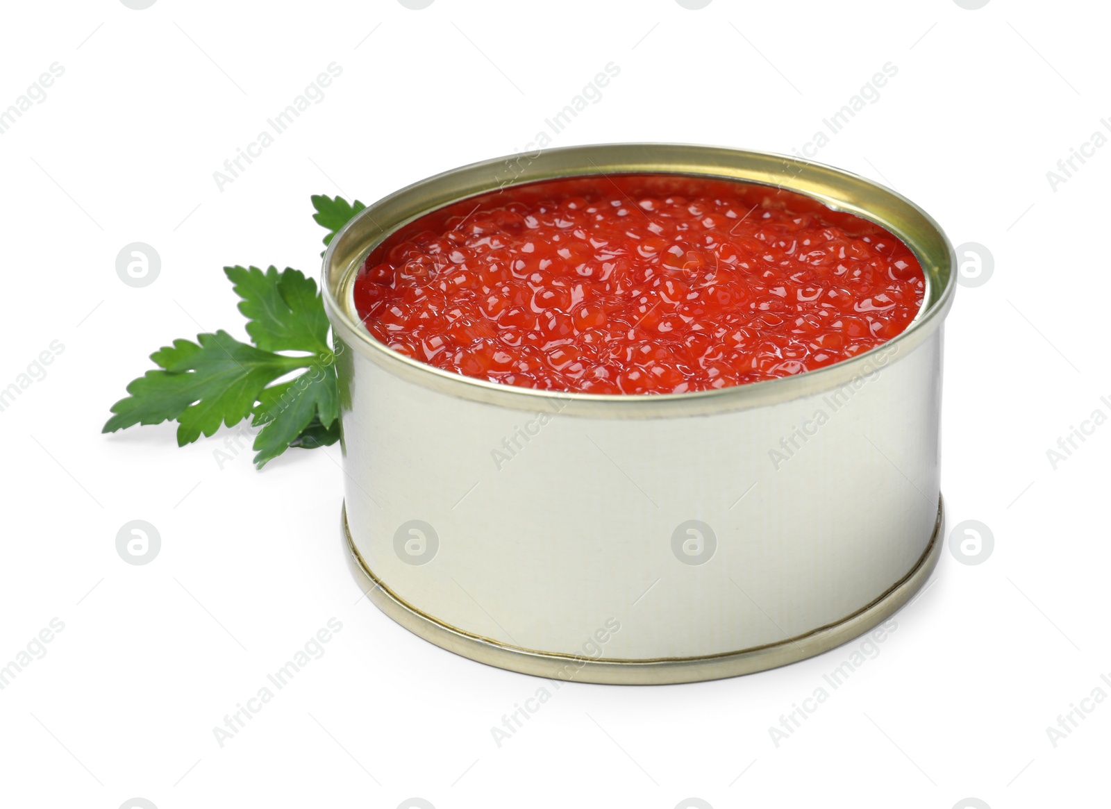 Photo of Open tin can of delicious red caviar and parsley on white background