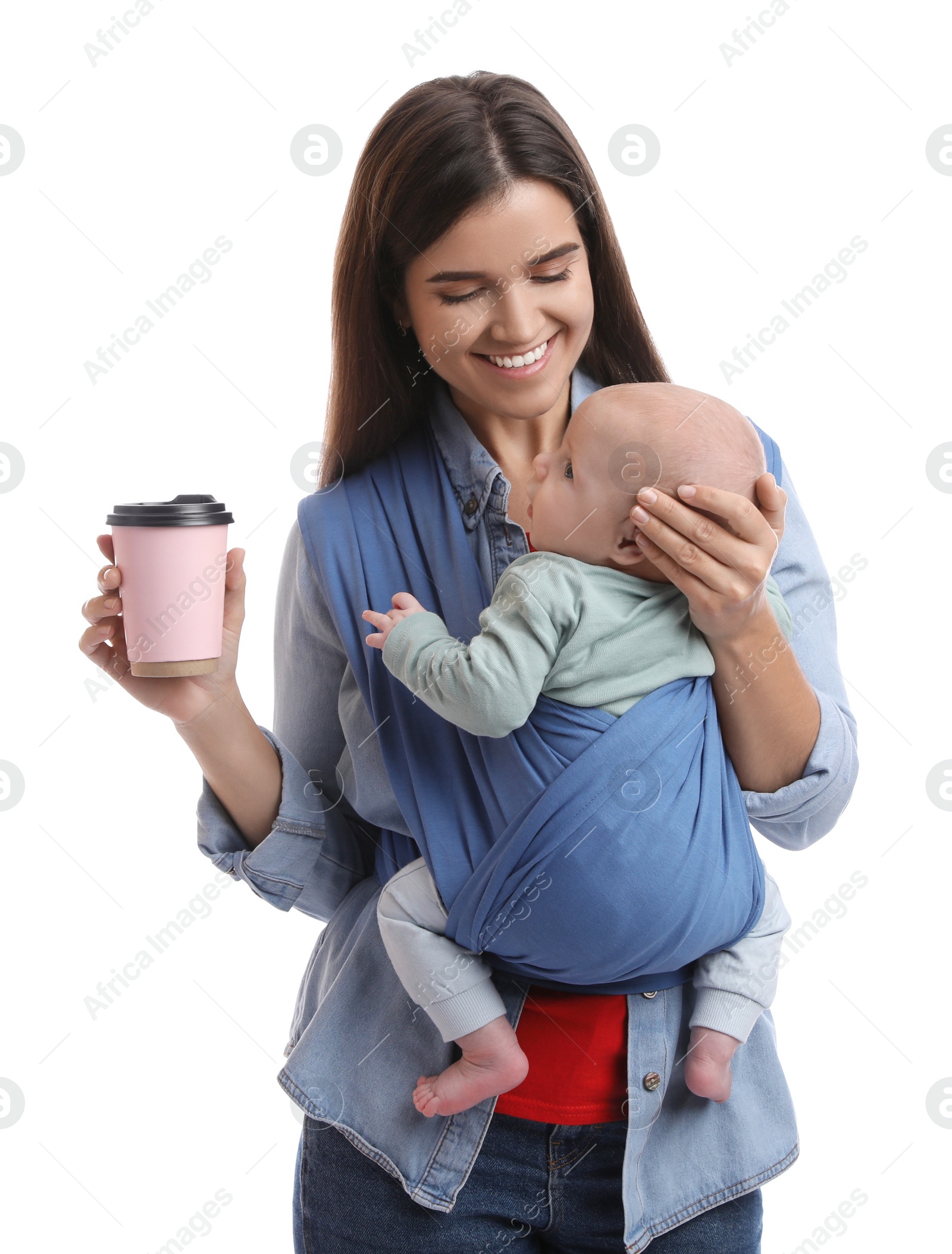 Photo of Mother with hot drink holding her child in sling (baby carrier) on white background