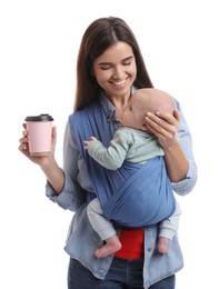 Photo of Mother with hot drink holding her child in sling (baby carrier) on white background
