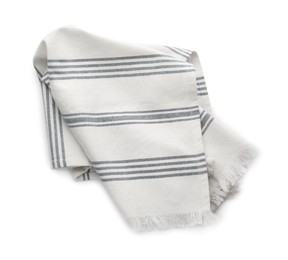 Photo of Striped kitchen towel isolated on white, top view